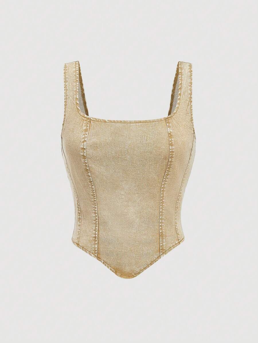 SHEIN MOD 女士休闲水洗无袖牛仔上衣 - 卡其色 - 查看 1