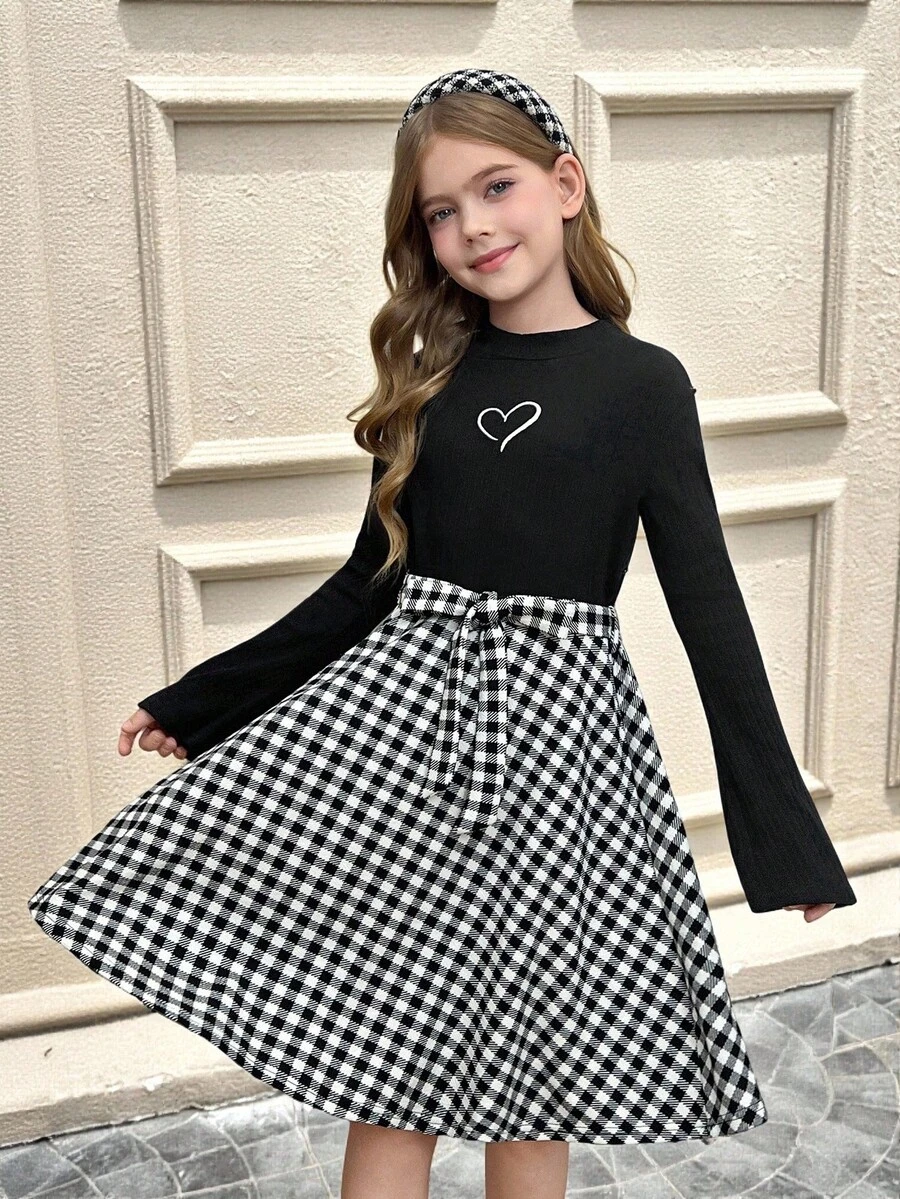 SHEIN Young Girl Casual Collared Heart Pattern Color Block Plaid Patchwork Dress - Black - View 1