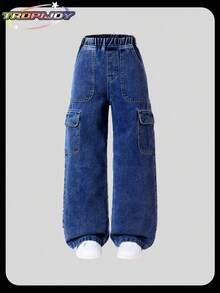 SHEIN Girls' Casual All-Match Loose Straight Leg Washed Denim Cargo Pants, Versatile & Comfortable Essential Item For 2025 Fall Winter Street Vintage Retro Washed 2000s Slant Pocket Raw Trim Denim Baggy - Dark Wash - View 8