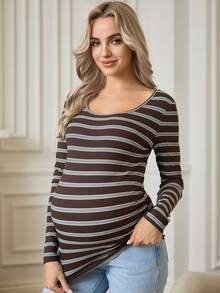 SHEIN Randig, figurnära, långärmad t-shirt för gravida, höst - Brun - Visa 6