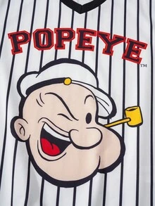 Popeye X SHEIN Tween Boy Casual Striped Cartoon & Letter Graphic V-Neck Short Sleeve T-Shirt, Summer Baseball Clothes Kids Boys Baseball Pajamas Kids Jerseys - Multicolor - View 3