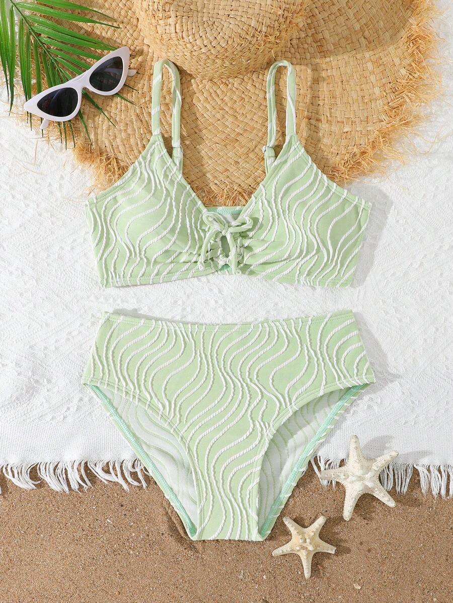 SHEIN Tween Girl Cute Mint Green Bikini Set,Summer Beach Holiday Vacation Style Flattering Spaghetti Strap Modest 2 Piece Bathing Suit Twist Front Swimwear