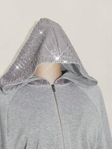 SHEIN ICON 大码女式长袖拉链亮片休闲卫衣/冬季 - 灰色 - 查看 7