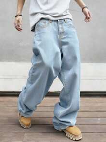 STEELVANCE 男士宽松口袋阔腿休闲百搭牛仔裤 - 淺色水洗藍 - 查看 4