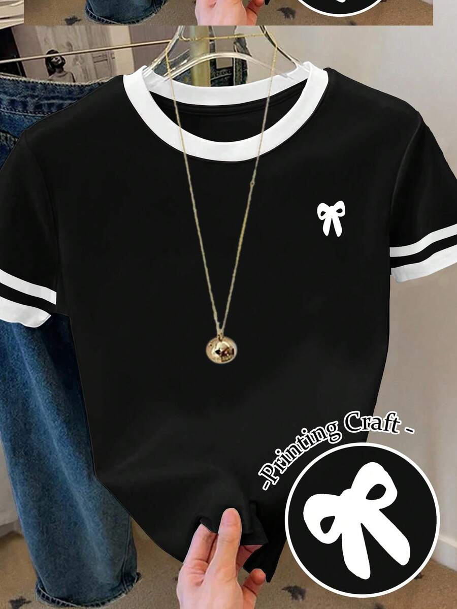 SHEIN 女式蝴蝶结印花图案宽松休闲撞色条纹圆领 T 恤上衣 - 彩色 - 查看 1