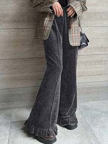 FRIFUL 女式松紧腰天鹅绒拼布花卉下摆长裤 - 灰色 - 查看 2