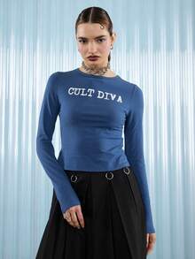 COUREZ T-shirt ajusté à manches longues avec imprimé slogan Cult Diva / Top de printemps Y2K pour sortir, hauts mignons, t-shirts graphiques pour femmes - Bleu azur - Voir 1