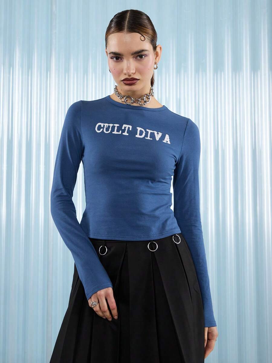 COUREZ T-shirt ajusté à manches longues avec imprimé slogan Cult Diva / Top de printemps Y2K pour sortir, hauts mignons, t-shirts graphiques pour femmes - Bleu azur - Voir 1