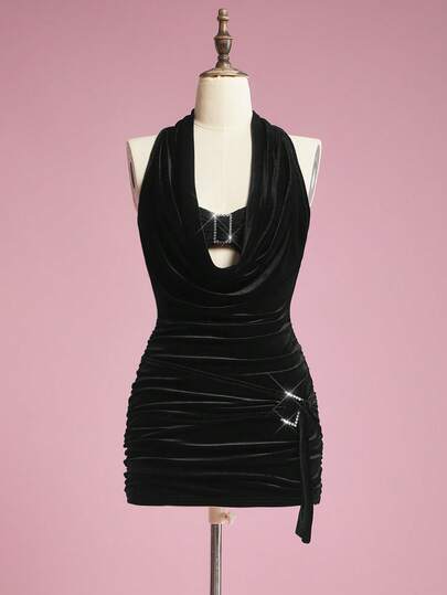 J-Fashion Y2K Retro Ruched Waist Plunging Neck 2 In 1 Women Dress