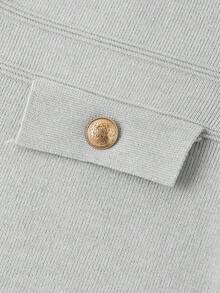 Ellevyn 女士灰色金属纽扣撞色滚边修身弹力优雅日常休闲通勤短款毛衣连衣裙 - 灰色 - 查看 10