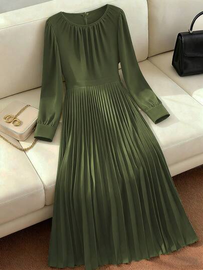 Franclia Women's Autumn Waisted Pleated Puff Sleeve A-Line Dress Maxi Women Outfit
