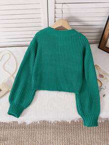SHEIN 女童纯色简约日常穿搭短款圆领长袖套头衫 - 綠色 - 查看 2