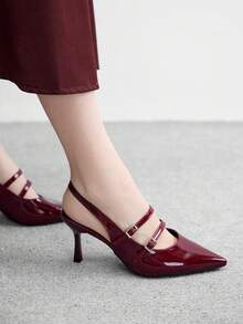 CUCCOO BIZCHIC 女士尖头细高跟酒红色后系带浅口鞋，露跟高跟鞋，适合户外、通勤、派对、宴会、办公室穿着 - 酒紅色 - 查看 7