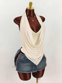 Amplova Y2K Women's Draped Neck Double Layer Blouse With Asymmetric Hem And Side Ruching Draped Top Fashion Cream Women Woman Scarf Top,Party Dresses For Women - Apricot - View 8