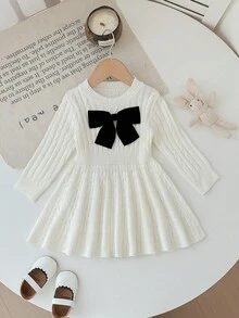 SHEIN Vestido de punto informal para bebé niña con decoración de lazo, otoño/invierno - Blanco - Ver 7