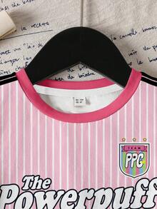 THE POWERPUFF GIRLS X SHEIN 年轻女孩夏季条纹花朵、泡泡、毛茛图案圆领短袖 T 恤 - 白色 - 查看 3