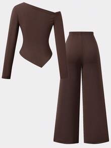 Conjunto de camiseta de manga larga asimétrica y pantalones de unicolor para adolescentes - Café integral - Ver 2