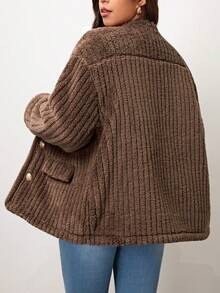 Vionelle 大码女式秋冬长袖单排扣条纹毛绒宽松外套 - 棕色 - 查看 2