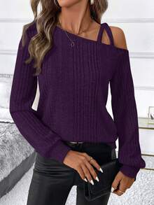 SHEIN Clasi Clasi 女士加厚磨毛罗纹不对称领T恤 - 中紫紅色 - 查看 3