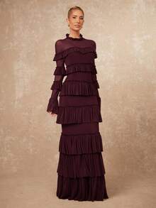 Lumalex Robe moulante en maille à manches longues avec col Top et volants exagérés pour femmes