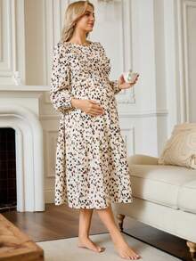 SHEIN Fashionable Casual All-Over Print Frill Trim Nursing Dress - Khaki - View 4