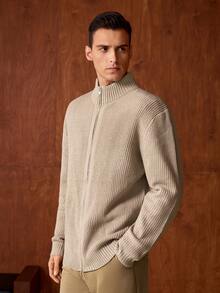 Officeau 男士宽松纯色拉链休闲百搭长袖针织毛衣外套，Old Money - 駝色 - 查看 6