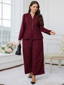 Modelyn Bộ đồ 2 món cho nữ cỡ lớn - Áo và quần màu trơn - Màu đỏ tím - Xem 3