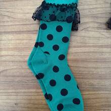 ROMWE Kawaii Women's Polka Dot Pattern Mesh Splice Ruffle Trim Cute Crew Socks - Green - View 5