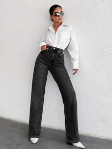 SHEIN Tall 100%Cotton Black High Waist Wide Leg Jeans TALL - Black - View 6