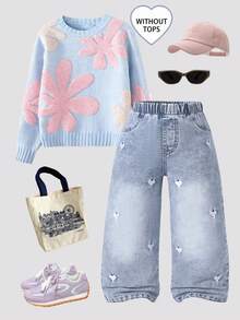 Young Girls Y2K Style New Fashion White Heart Embroidered Vintage Light Blue Loose Straight Leg Jeans, Soft & Comfortable Fabric, Casual Daily Versatile, Baby & Toddler Denim