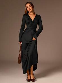 Avantive Vestido Elegante de Manga Longa com Decote em V e Pregas em Cor Sólida para Mulheres - Preto - Visão 7