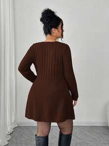 Elenzga Fashionable Elegant Casual Pearl Button V-Neck Long Sleeve Plus Size Women Cardigan Sweater, Suitable For Everyday Wear - Brown - View 2
