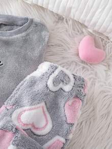 女婴休闲可爱灰色毛绒爱心图案长袖睡衣套装 - 灰色 - 查看 5