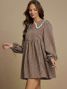 WESTFADE Gingham & Eyelet Collared V Neck Tie Sleeve Babydoll Mini Dress Cute Fall Clothes For Women Country Concert Outfit - Redwood - View 4