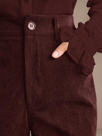 Anewsta Pantalones de pana marrón bordados para mujer con bolsillos con remaches, pantalones de campana elegantes de negocios casuales para otoño/invierno