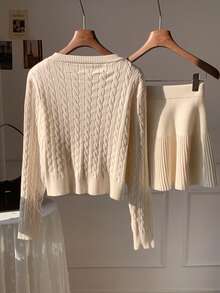 Comfortcana Women's Autumn/Winter Knight Pattern Long Sleeve Knitted Cardigan And Knitted Mini Skirt Casual 2 Pieces Set