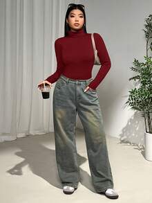 SHEIN EZwear 大码女式酒红色高领连体衣 - 酒紅色 - 查看 4