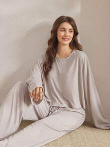 Ocili 两件套舒适柔软竹纤维针织圆领长袖上衣和裤子女士家居服套装，夏季柔软长袖家居服套装睡衣女士宽松款，冬季服装 - 灰色 - 查看 8