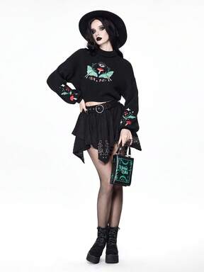 Goth Gothic Style Mushroom & Crescent Moon Embroidered Women Sweater