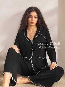 Ocili Set de pijama confortabil din bumbac cu nervuri, în culori contrastante, cu volane, moale, cu top cu mânecă lungă și pantaloni pentru femei, haine de toamnă-iarnă