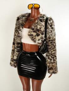 Mistrie 女士时尚豹纹仿皮草外套，复古别致性感美式风格，高端百搭 - 卡其色 - 查看 4