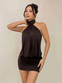 SHEIN PETITE High Neck Halter Backless Mini Dress,Party Dresses For Women - Brown - View 7
