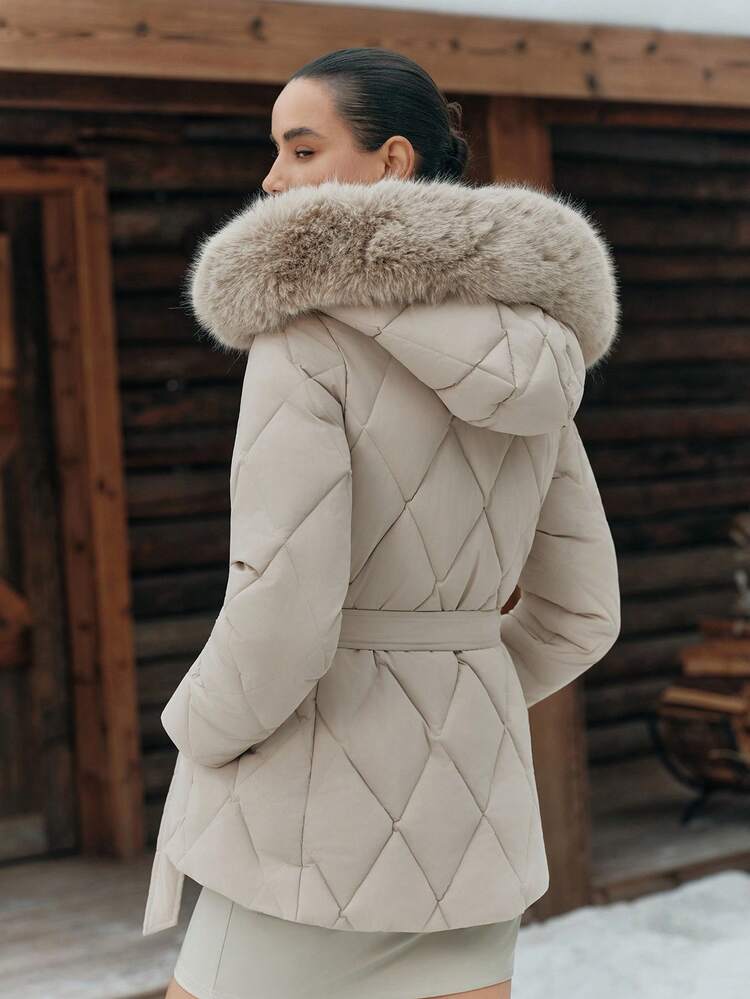 Elegant Fluffy Detachable Fur Collar Short Cinched Waist Waist Zip-Up Padded Coat For Women, Autumn/Fall/Winter, Going Out, Elegant, Chic, Formal, Christmas