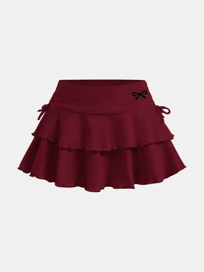 SHEIN Girlism Tween Girl Casual Knit Solid Color Drawstring Waist Ruched Hem Skirt Christmas Suitable For Autumn/Winter Daily Wear, Christmas Party, Street Style, Home Suitable For Everyday, School, Vacation, Party Occasions
