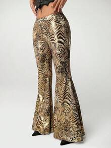 SHEIN ICON 女式 Y2K 银色佩斯利印花金属图案低腰修身喇叭裤，复古千禧性感 - 銀色 - 查看 4