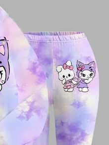 Back To School Dopamine Tie-Dye Print, Lavender, Cute Cartoon Animal Print, Tween Girl Knit Loose Crew Neck Sweatshirt And Flare Pants Casual 2 Pieces Set, Music Festival, Retro Sweet American, Campus Vibe, Citywalk, Street Style, Casual Campus Sporty - Multicolor - View 5