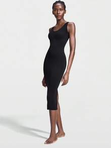 SHAPORA 女士纯色开衩下摆修身紧身塑身连衣裙 - 黑色 - 查看 3