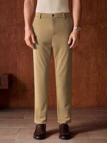 Officeau 男士经典商务西裤，纯色弹力西装裤，直筒休闲复古男士正装裤 - 卡其色 - 查看 6