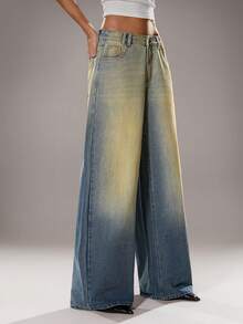 TRNVIE Quần jeans ống rộng cạp trễ cổ điển dành cho nữ - Màu xanh lam - Xem 3