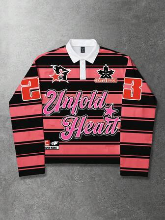 Polo a maniche lunghe da uomo con stampa a blocchi di colore, righe e lettere, stile retrò da strada